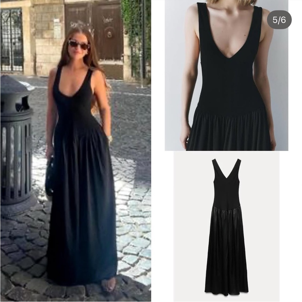 Zara Black Contrast Midi Dress V-neck Dropped waist Tonal fabric size S NWT - Picture 4 of 16